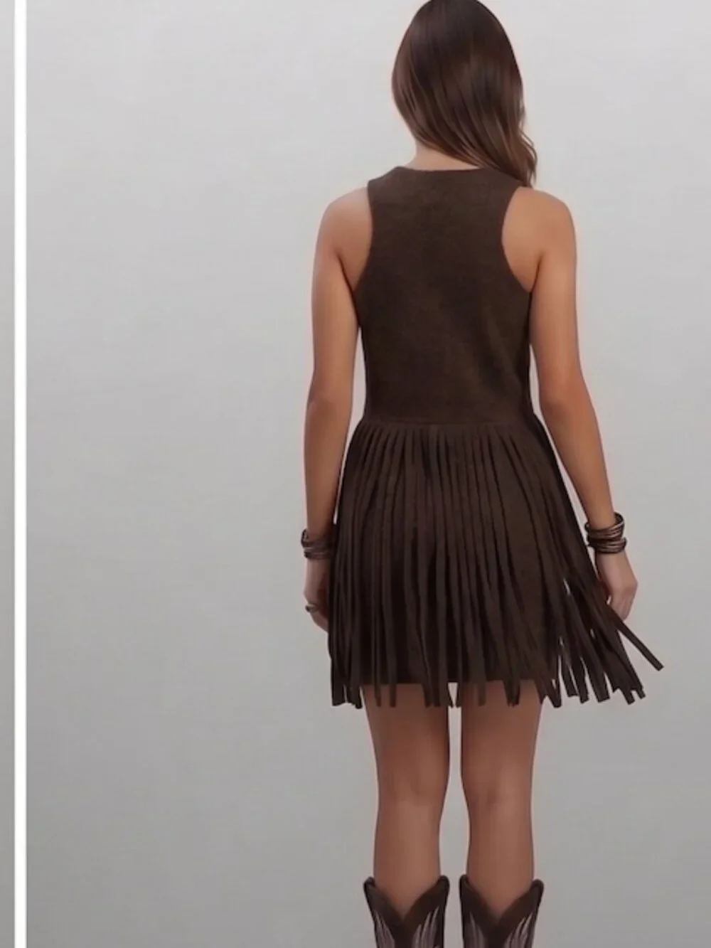 Boho Western Fringe Zip Up Dress -Vest Brown - Picture 4 of 4